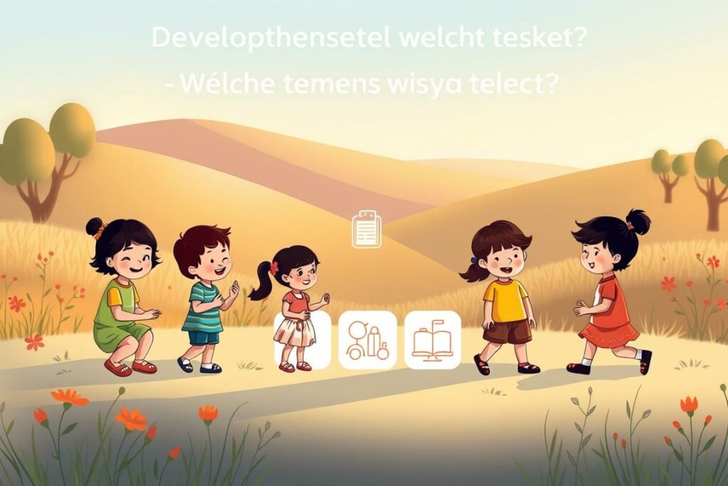 A beautifully designed illustration depicting the key themes of developmental psychology. In the foreground, a group of children in a vibrant, cheerful setting, engaged in various developmental activities such as playing, learning, and interacting. In the middle ground, a series of illustrated icons representing the core areas of developmental psychology - cognitive, social, emotional, and physical development. In the background, a subtle, elegant landscape with soft, warm lighting, conveying a sense of nurturing and growth. The overall composition is balanced, harmonious, and visually compelling, capturing the essence of the "Welche Themen werden behandelt?" section of the article.