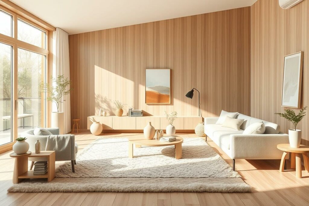 A bright, airy living room with minimalist Scandinavian-inspired decor. Natural wood tones and muted pastel colors create a calming, harmonious atmosphere. A large floor-to-ceiling window floods the space with warm, diffused sunlight, casting soft shadows. Plush, textured area rugs, sleek modern furniture, and carefully curated decorative accents like vases, potted plants, and abstract wall art establish a sense of refined, sophisticated style. The overall composition evokes a serene, zen-like ambiance, perfect for stylish and tranquil indoor living.