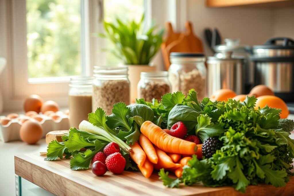 A bright, cheerful kitchen scene showcasing the key elements of a healthy, balanced diet. In the foreground, an assortment of fresh fruits and vegetables - vibrant leafy greens, crisp carrots, juicy berries - arranged artfully on a wooden cutting board. In the middle ground, a glass jar filled with whole grains, a carton of eggs, and a bowl of nuts and seeds. The background features a sunny window overlooking a lush garden, with healthy meal prep tools like a blender and a set of gleaming steel pots and pans. The lighting is warm and natural, evoking a sense of wellness and nourishment. The overall composition conveys the simplicity and benefits of a wholesome, beginner-friendly approach to nutrition.