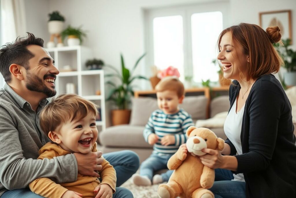 A cheerful family gathering, with parents and children laughing together in a cozy, well-lit living room. The foreground features a father tickling his young son, who is giggling uncontrollably, while the mother looks on with a warm, amused expression. In the middle ground, a toddler plays with a stuffed animal, their playful antics adding to the lighthearted atmosphere. The background showcases a bookshelf, plants, and other homely details, creating a sense of domestic bliss. The overall mood is one of genuine joy and humor, capturing the importance of laughter and playfulness in the process of child-rearing.