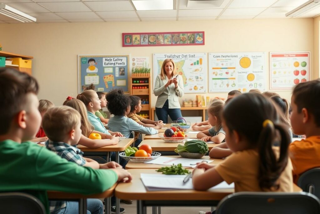 A classroom setting with elementary school students engaged in a healthy eating lesson. In the foreground, a group of diverse children sitting at desks, their faces attentive as they learn about nutritious foods. In the middle ground, a teacher stands at the front, pointing to a vibrant display of colorful fruits and vegetables. The background features educational posters and charts highlighting the importance of a balanced diet. Warm, natural lighting floods the room, creating a welcoming and inviting atmosphere. The overall scene conveys the significance of teaching healthy eating habits to young learners.