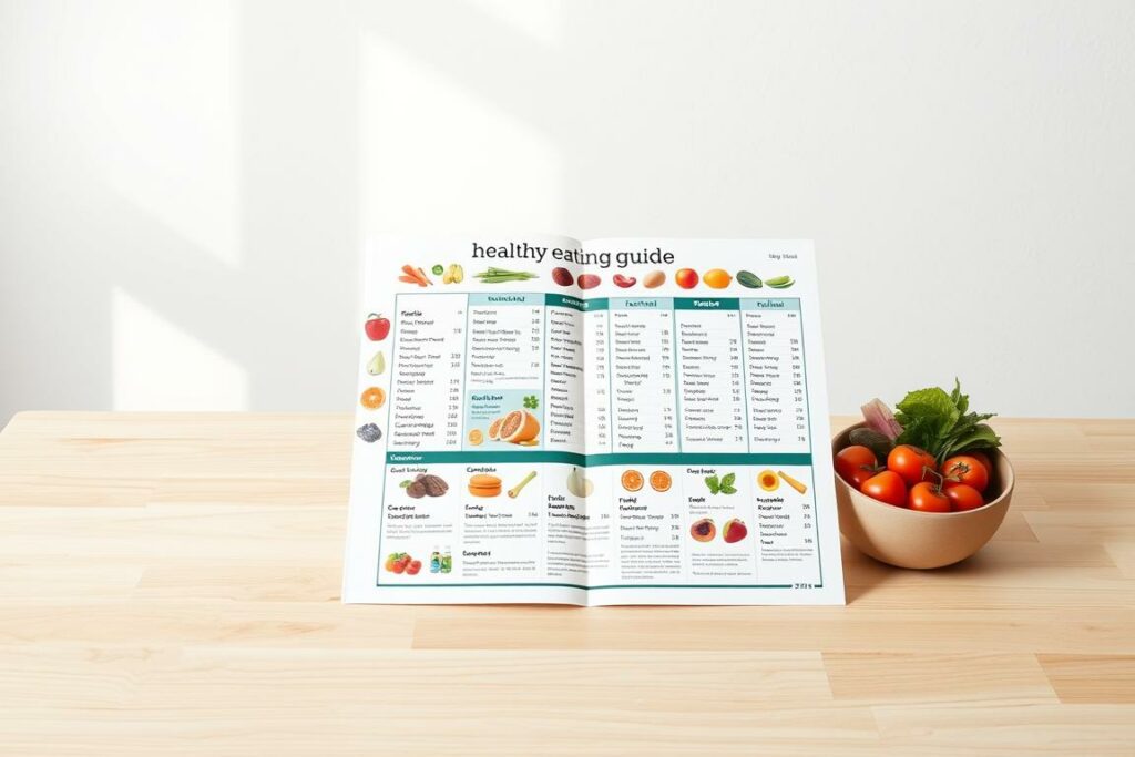 A clean, minimalist table showcasing a balanced and comprehensive "healthy eating" guide. The tabletop is made of light wood, set against a bright, airy background with soft, diffused lighting. Meticulously arranged food groups and their corresponding nutritional values are displayed in a clear, easy-to-read format, conveying the essence of a well-designed informational resource. The overall mood is one of simplicity, practicality, and a commitment to promoting healthful dietary habits. The camera angle provides a slightly elevated, three-quarter view, ensuring the table's contents are legible and visually appealing.