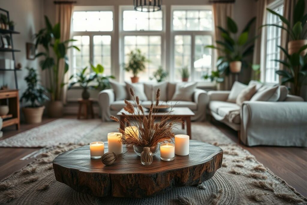 A cozy and inviting living room interior, bathed in warm, soft lighting. In the foreground, an elegant centerpiece of candles, dried flowers, and natural elements adorns a rustic wooden coffee table. The middle ground features plush, textured area rugs and comfortable, neutral-toned furniture pieces, creating a harmonious and relaxing atmosphere. The background showcases large windows that allow natural light to filter in, complemented by lush, verdant houseplants strategically placed throughout the space. The overall mood is one of tranquility, comfort, and a touch of sophistication, reflecting the importance of decorative elements in enhancing the ambiance of a home.
