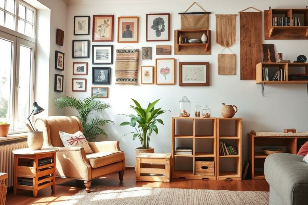 A cozy and inviting living room scene with natural lighting streaming through large windows, highlighting a variety of budget-friendly renovation ideas. In the foreground, a refurbished vintage armchair sits next to a DIY side table made from repurposed wooden crates. On the walls, an array of framed artwork and wall hangings created from inexpensive materials like burlap and reclaimed wood. The middle ground features a minimalist yet stylish bookshelf constructed from simple shelving units. In the background, a vibrant indoor plant adds a touch of greenery, complementing the warm, earthy tones throughout the space. The overall atmosphere evokes a sense of coziness and creativity, showcasing how thoughtful, low-cost renovations can transform a living area.