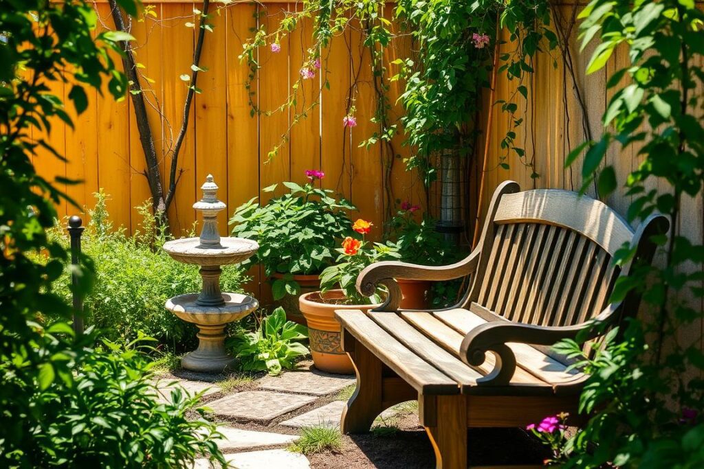A cozy garden corner, sun-dappled and inviting. In the foreground, a quaint wooden bench nestled among lush foliage, its weathered surface a testament to the passage of time. Nearby, a charming birdbath catches the light, its gentle splashing creating a soothing ambiance. In the middle ground, a cluster of vibrant potted plants adds pops of color, their verdant leaves swaying gently in the breeze. The background reveals a warm, golden-hued fence, partially obscured by trailing vines and flowers, creating a sense of enchantment and tranquility. The overall scene exudes a warm, inviting atmosphere, perfect for transforming a neglected corner into a delightful oasis.