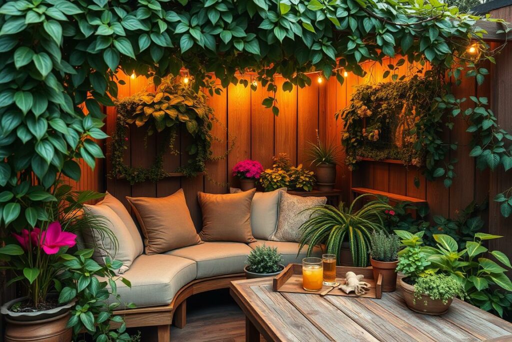 A cozy garden nook, brimming with lush greenery and warm, natural textures. A plush, cushioned bench nestled under a canopy of verdant foliage, inviting visitors to linger and soak in the tranquility. Soft, ambient lighting casts a gentle glow, creating a serene and intimate atmosphere. Vibrant potted plants and trailing vines add pops of color, while a weathered wooden table holds a tray of refreshments. The scene exudes a sense of relaxation and comfort, making it the perfect spot to unwind and reconnect with nature.