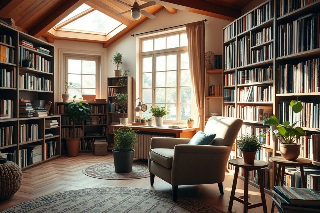 A cozy home interior with a warm, inviting atmosphere. In the foreground, a comfortable armchair and a side table with a potted plant, creating a sense of relaxation. In the middle ground, bookshelves lining the walls, filled with a variety of books, hinting at the pursuit of knowledge and personal growth. The background features a large window, allowing natural light to flood the space, creating a bright and airy ambiance. The overall scene conveys a sense of practical, everyday wisdom and the application of life lessons, reflecting the "Praktische Tipps zur Umsetzung von Zitate in der Erziehung" theme.