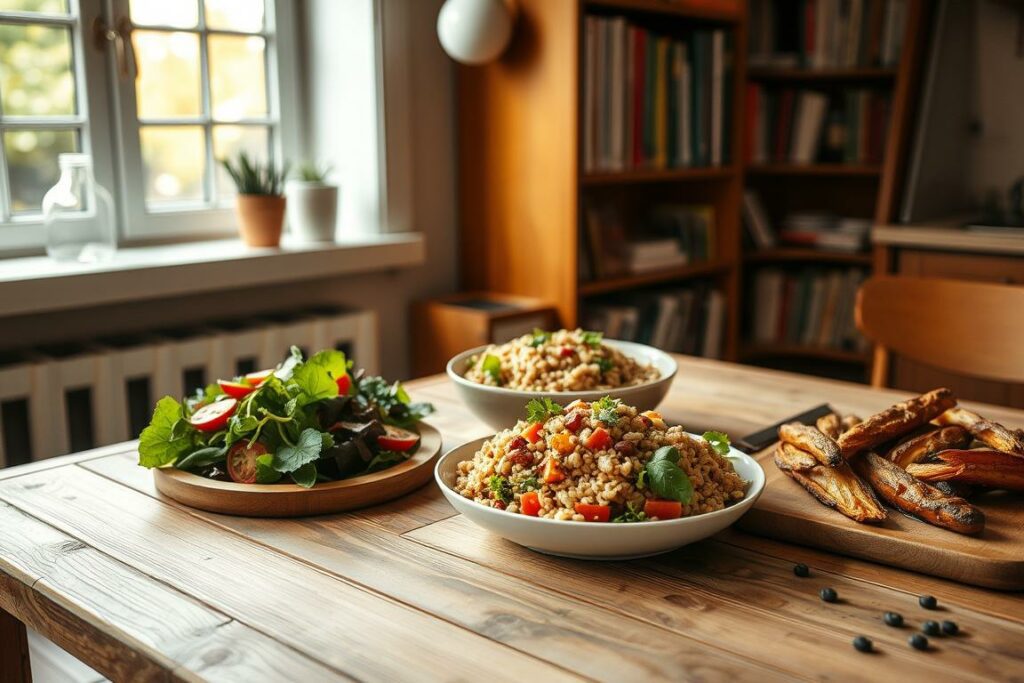 A cozy kitchen scene with a wooden table showcasing a variety of healthy dishes - a vibrant salad, a hearty grain-based bowl, and a platter of roasted vegetables. Warm, natural lighting filters through the window, creating a inviting ambiance. In the background, a bookshelf displays a collection of cookbooks, hinting at the wealth of nutritious recipes. The overall tone is one of simplicity, nourishment and contentment, perfectly capturing the essence of "Gesunde Rezepte für jeden Tag".