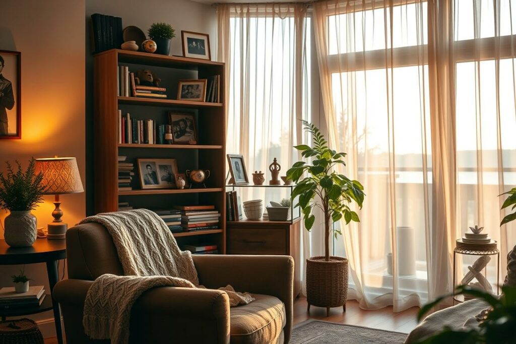 A cozy living room filled with personal touches, bathed in warm, soft lighting. In the foreground, a plush armchair with a knitted blanket draped over it, alongside a side table with a decorative plant and a vintage lamp. In the middle ground, a wooden bookshelf displaying a mix of books, framed photographs, and small trinkets, reflecting the owner's unique interests and experiences. The background features a large window overlooking a serene outdoor scene, with sheer curtains gently swaying in the breeze, creating a tranquil atmosphere. The overall scene exudes a sense of comfort, individuality, and a lived-in ambiance, perfectly capturing the essence of "Persönliche Akzente setzen".