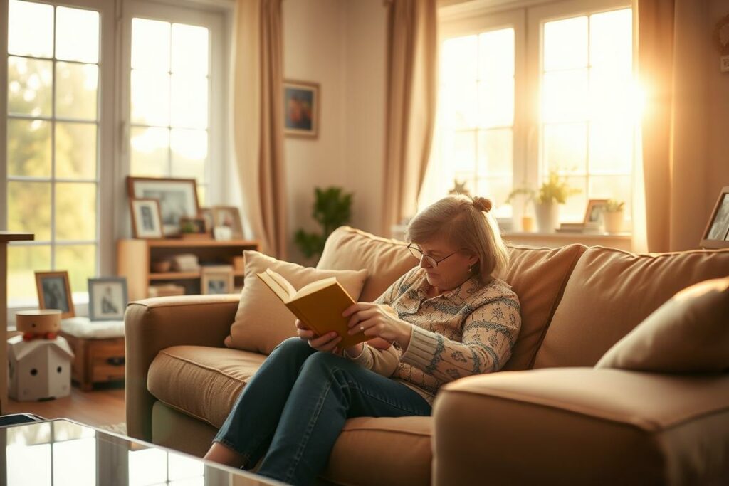 A cozy living room scene, bathed in warm, golden light streaming through large windows. In the foreground, a mother sits on a plush sofa, tenderly embracing her young child as they read a book together. Mementos of their life adorn the space - family photos, toys, and a rocking chair evoking a sense of generational care. The background softly blurs, hinting at a tranquil domestic setting, where the foundations of a lifetime of nurturing are laid. An atmosphere of comfort, love, and the quiet rewards of raising a family permeate the scene.