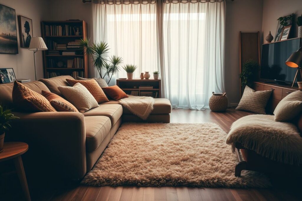A cozy living room scene, illuminated by warm, soft lighting. In the foreground, a plush, inviting sofa adorned with a variety of textured throw pillows in earthy tones and patterns, inviting visitors to sink in and relax. On the middle ground, a large, fluffy area rug in a neutral shade, complementing the overall color scheme. In the background, sheer curtains gently billowing, diffusing the light and creating a serene, comforting atmosphere. Bookshelves and other furnishings blend seamlessly, exuding a sense of warmth and coziness. The scene conveys a welcoming, sanctuary-like ambiance, perfect for a "Gemütliches Zuhause."