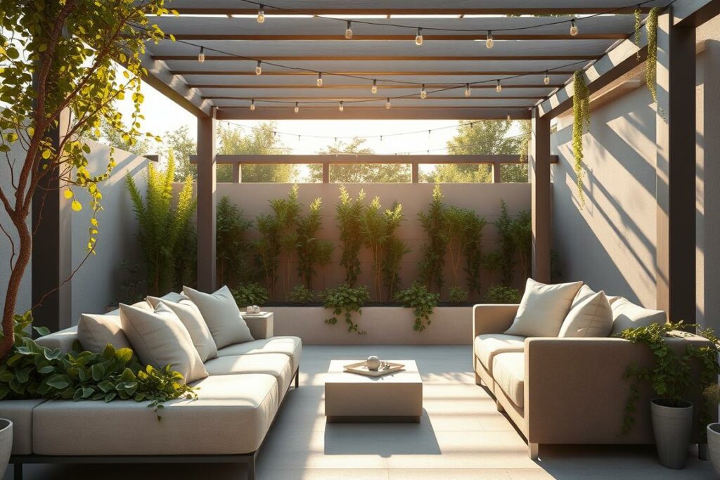 A cozy modern garden seating area, bathed in warm afternoon sunlight. In the foreground, a plush, contemporary outdoor sofa with clean lines and neutral upholstery. Accent pillows in natural tones and textures add visual interest. Flanking the seating, a pair of matching armchairs in a sleek, minimalist design. In the middle ground, low, built-in stone or concrete planters overflow with lush, verdant foliage. Trailing vines cascade over the edges, creating a sense of softness and natural beauty. In the background, a modern pergola structure casts gentle shadows, its simple lines complementing the minimalist aesthetic. Overhead, string lights twinkle, infusing the space with a cozy, inviting ambiance. The overall scene radiates a serene, contemporary elegance perfectly suited for relaxing and entertaining in the garden.