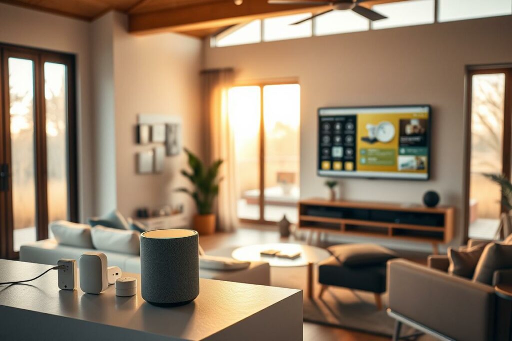 A cozy, modern living room with an array of smart home devices prominently displayed. The room is flooded with warm, natural lighting from large windows, casting a soft glow on the sleek, minimalist furniture and high-tech gadgets. In the foreground, a voice-controlled smart speaker sits on a floating shelf, surrounded by an array of sensors and smart plugs. In the middle ground, a wall-mounted touch panel controls various home automation systems. The background features a large, flatscreen TV displaying an elegant user interface for managing the smart home. The overall atmosphere conveys a sense of convenience, efficiency, and technological sophistication.