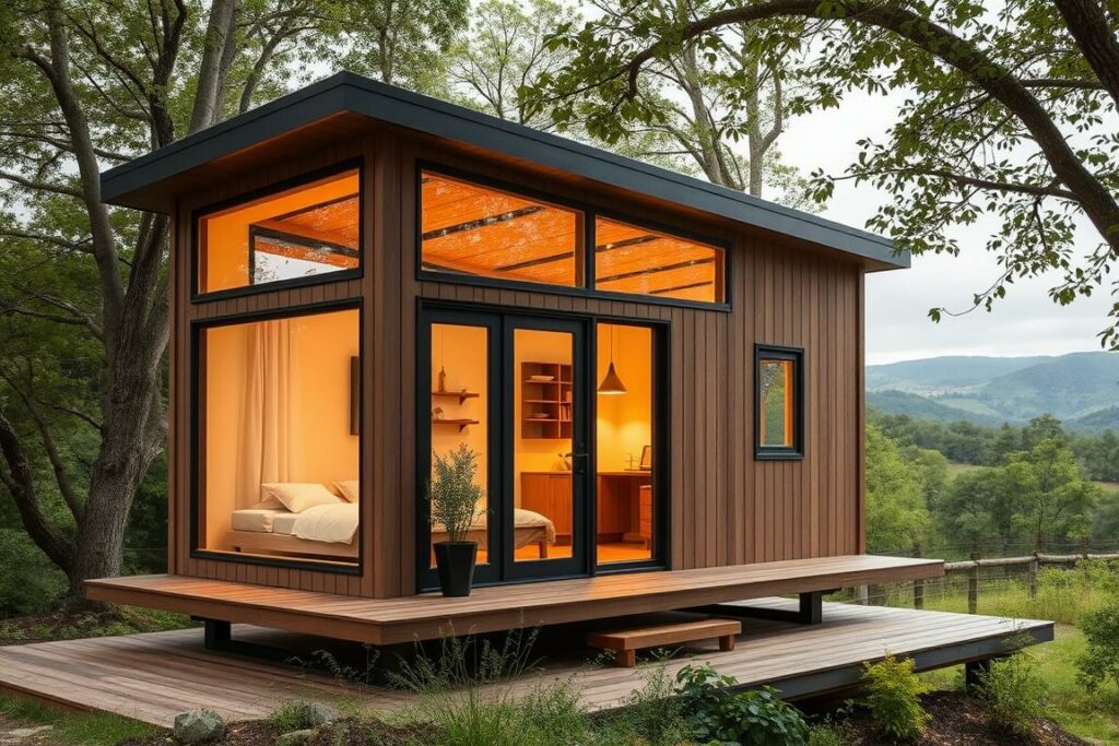 A cozy, modern tiny house nestled in a serene natural setting. The compact design showcases sleek, minimalist architecture with large windows that flood the interior with warm, natural light. The house sits atop a wooden deck, blending seamlessly with the surrounding lush greenery and rolling hills in the distance. A subtle, earthy color palette complements the rustic, yet refined aesthetic. The scene conveys a sense of tranquility and harmony, inviting the viewer to imagine living in this compact, but well-designed living space.