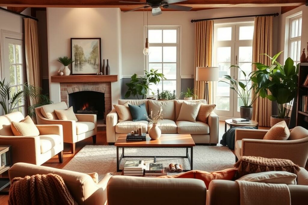 A cozy, well-appointed living room with warm lighting, plush furnishings, and textured accents. A large, inviting sofa sits centered, flanked by two armchairs in complementary tones. A soft area rug grounds the space, and a wooden coffee table holds a stack of books and a decorative vase. In the background, a fireplace with a simple mantel design casts a gentle glow, while floor-to-ceiling windows allow natural light to filter in. Potted plants and soft textiles add layers of comfort and coziness, creating an atmosphere of relaxation and contentment.