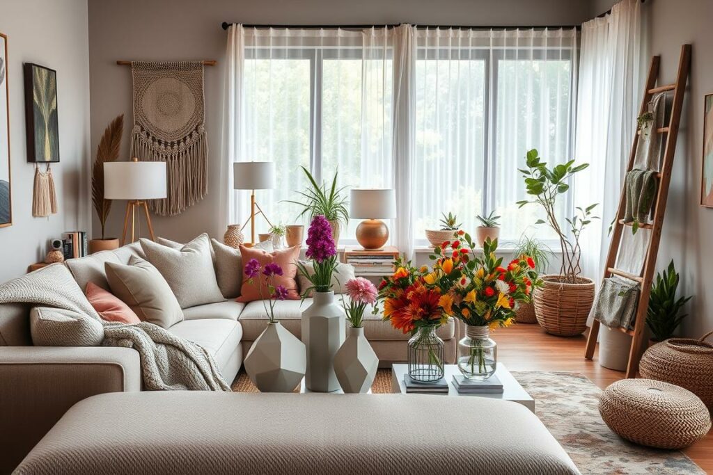 A cozy, well-designed living room with an abundance of decorative elements that showcase creative and inspiring home decor ideas. The foreground features a large, plush sofa draped in a soft, textured throw blanket, accompanied by decorative pillows in muted, earthy tones. On the coffee table, an array of stylish, geometric vases hold lush, vibrant floral arrangements. The middle ground showcases various decorative accents, such as a statement wall hanging, a sleek, minimalist floor lamp, and a decorative ladder propped against the wall, displaying an assortment of framed artwork and plants. The background reveals a large window with sheer curtains, letting in natural light and offering a glimpse of a lush, verdant outdoor scene, creating a serene and inviting atmosphere.