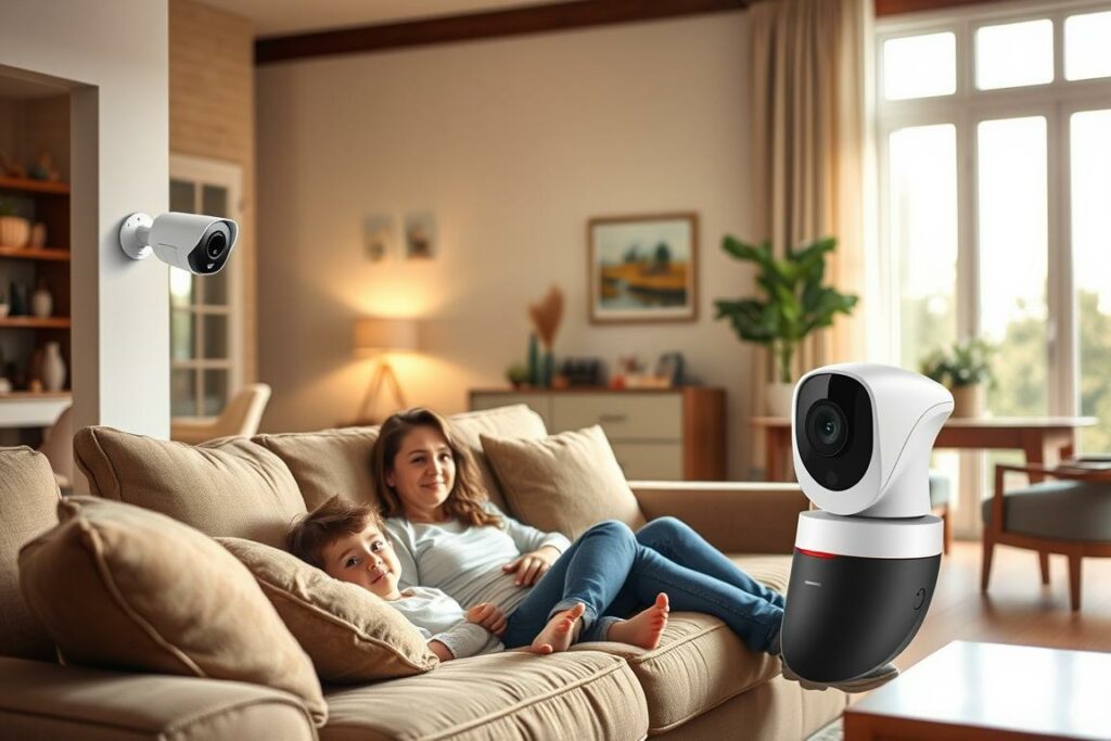 A cozy, well-lit interior of a comfortable family home, showcasing the importance of security and safety. In the foreground, a mother and child relaxing on a plush sofa, their expressions conveying a sense of tranquility and contentment. The middle ground features a smartly-designed home security system, with discreet cameras and sensors blending seamlessly into the decor. The background depicts a warm, inviting living room, with large windows allowing natural light to flood the space. Carefully selected furniture, artwork, and accessories create a harmonious, inviting atmosphere, conveying the idea of a secure, nurturing environment. The overall scene exudes a sense of security, comfort, and the family's well-being within the safety of their own home.
