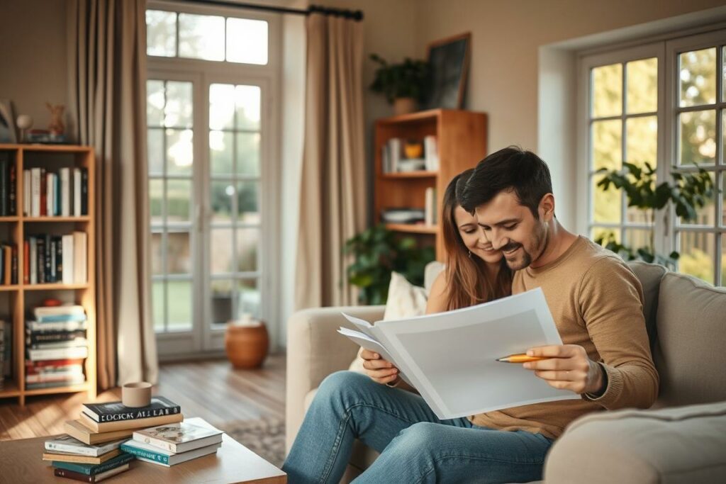 A cozy yet practical living room setting with warm lighting and a muted color palette. In the foreground, a couple explores DIY renovation ideas by studying a sketchpad and making notes. In the middle ground, a bookshelf holds volumes on home improvement and design. The background features a large window overlooking a serene, sun-dappled garden, creating a sense of tranquility and inspiration. The overall atmosphere conveys a thoughtful, budget-friendly approach to home renovation.