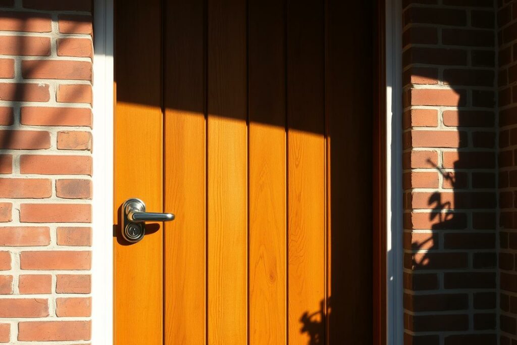 A detailed close-up shot of a sturdy wooden front door, its surface adorned with a modern security lock system. The door is framed by a well-maintained brick facade, casting warm shadows across the entryway. The lighting is a balanced combination of natural daylight and subtle artificial illumination, highlighting the textural elements of the door and its hardware. The overall scene conveys a sense of security, reliability, and a welcoming atmosphere, suitable for a residential home's primary access point.