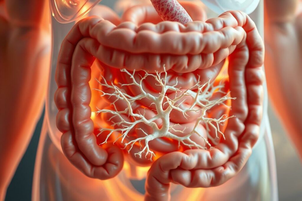 A detailed cross-section of the human gastrointestinal tract, with the enteric nervous system prominently featured as a complex network of neurons and ganglia. The digestive organs are rendered in realistic anatomical detail, with the intestines and colon taking center stage. The overall scene has a soft, natural color palette, with warm lighting illuminating the various structures. The perspective is a slightly elevated, cutaway view, allowing the viewer to clearly see the intricate connections between the gut and the nervous system. The mood is one of scientific curiosity and wonder, highlighting the incredible complexity and importance of the "second brain" within the abdomen.