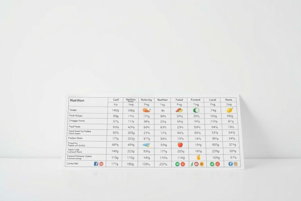 A detailed food nutrition table set against a clean, minimalist background. The table features a grid layout with columns for various food groups, nutrient values, and visual icons. The lighting is bright and uniform, creating a crisp, professional look. The colors are muted and harmonious, emphasizing the informational nature of the image. The table is the central focus, occupying the middle ground, with the background softly blurred to maintain emphasis. The overall mood is one of clarity, organization, and educational purpose, perfectly suited to illustrate a section on creating the perfect nutrition table.
