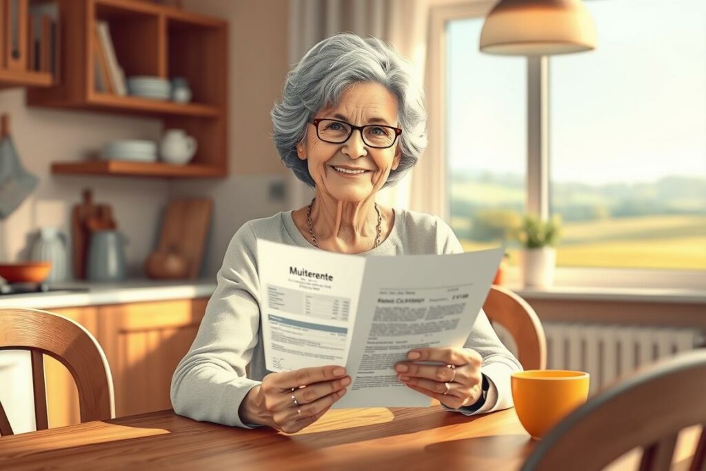 A detailed illustration of the "Mütterrente für 3 Kinder" showing a middle-aged woman sitting contentedly at a kitchen table, holding a document that represents her pension statement. The scene is bathed in warm, natural lighting, with a sense of calm and comfort pervading the composition. In the background, a cozy domestic setting with simple furnishings and a window overlooking a peaceful, pastoral landscape. The woman's expression conveys a sense of security and well-being, reflecting the financial stability provided by the "Mütterrente" pension for her three children. The overall mood is one of contentment and financial security.