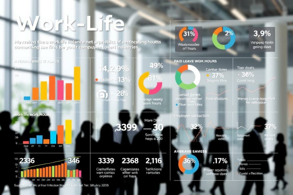 A detailed infographic depicting work-life balance statistics across various industries. The foreground showcases a sleek, minimalist data visualization with colorful bar graphs, pie charts, and line graphs displaying key metrics like average weekly work hours, paid leave days, and employee satisfaction. The middle ground features silhouettes of diverse office workers, each representing a different sector. The background has a blurred office environment with clean architectural elements and natural lighting filtering through large windows. The overall aesthetic is modern, sophisticated, and data-driven, conveying a sense of professionalism and analytical insight.