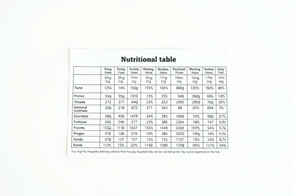A detailed, meticulously designed nutritional table presented on a clean, minimalist backdrop. The table features a grid layout showcasing the key nutrients, their values, and daily recommended intakes, all rendered in a crisp, legible typeface. The composition highlights the informative nature of the content, with a focus on clarity and organization to aid in the understanding of healthy dietary choices. Soft, diffused lighting creates a warm, educational atmosphere, while a slightly high camera angle provides an accessible, inviting perspective. The overall aesthetic is modern, sophisticated, and tailored to complement the article's in-depth exploration of essential nutritional guidance.