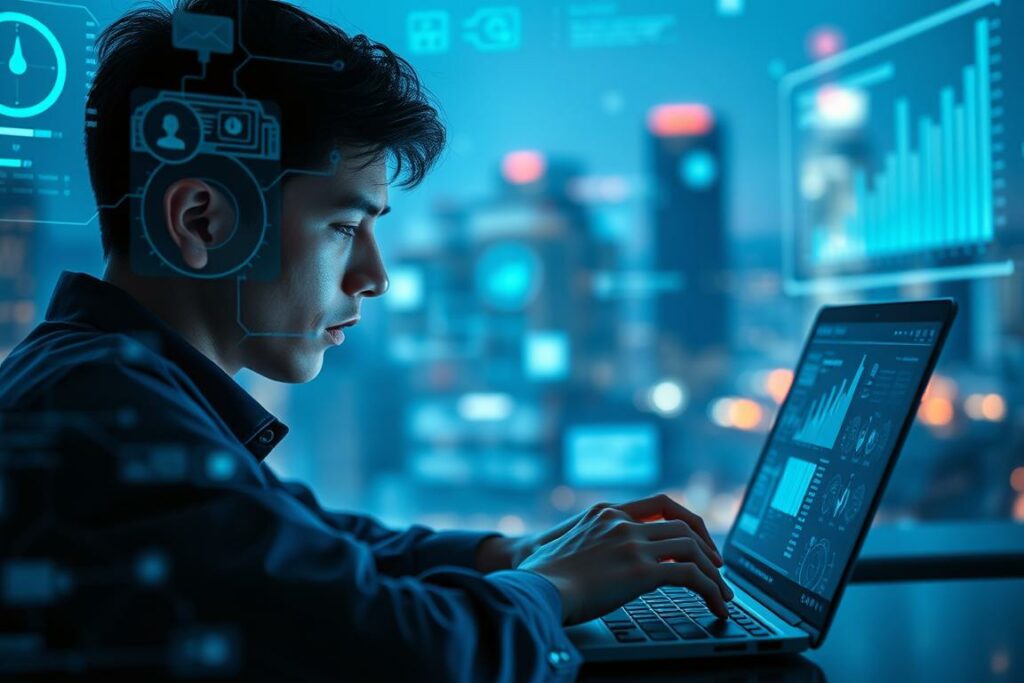 A digital landscape with a young professional working on a laptop, surrounded by holographic displays, data visualizations, and futuristic technology. The scene is bathed in a cool, blue-tinted lighting, creating a sense of technological immersion. In the foreground, the worker's face is partly obscured, reflecting the challenges of balancing work and personal life in the digital age. The background features a blurred urban cityscape, hinting at the broader societal context. Subtle hints of stress and strain are evident, capturing the struggles of Generation Z navigating the complexities of work-life balance in the digital era.