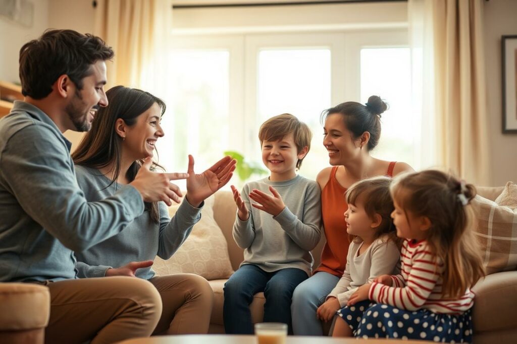 A family of four - two parents and two children - engaging in a lighthearted dispute, their expressions showcasing a blend of playfulness and understanding. The scene is set in a cozy, sun-dappled living room, with warm, soft lighting casting a gentle glow. The parents, gesturing animatedly, appear to be resolving a conflict through open communication and shared laughter, while the children observe the interaction with curiosity and delight. The overall atmosphere conveys a sense of familial harmony and the notion that even conflicts can be navigated with a touch of humor and empathy.
