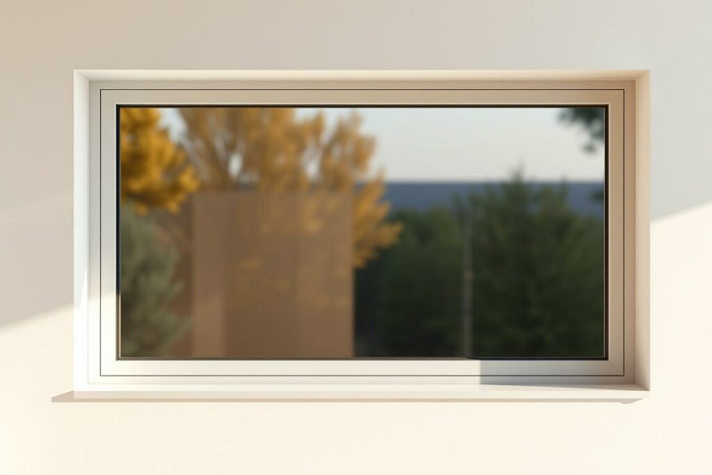 A highly detailed, photorealistic image of a security window in a modern, minimalist home interior. The window is made of tempered glass with a metal frame, providing a clear, unobstructed view of the exterior. The lighting is soft and natural, with warm tones filtering through the glass. The window is set in a plain white wall, creating a sense of simplicity and elegance. The composition places the window in the center, with the frame and glass taking up the majority of the frame. The image conveys a feeling of security, protection, and attention to detail in home design.