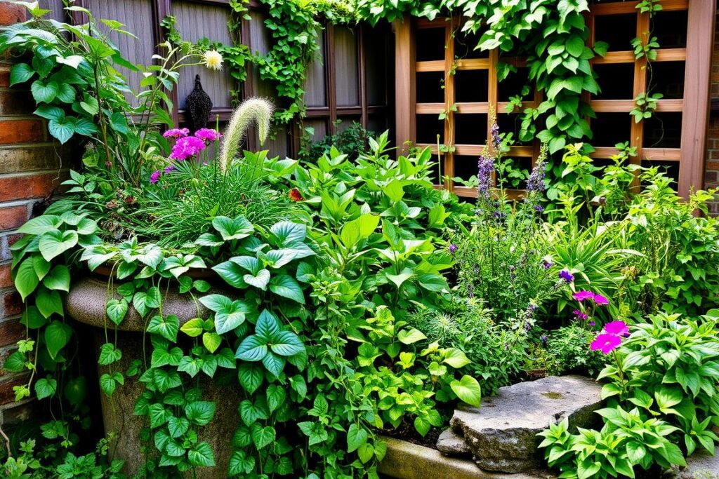 A lush and vibrant garden corner, filled with a diverse array of thriving plants. In the foreground, cascading vines and trailing foliage spill over the edges of a rustic stone planter, adding a touch of natural charm. The middle ground features a mix of leafy perennials and flowering annuals, their colors and textures creating a visually stunning tapestry. In the background, a wooden trellis supports a climbing vine, its delicate tendrils reaching towards the sky, casting a soft, dappled light across the scene. The overall composition evokes a sense of tranquility and rejuvenation, inviting the viewer to pause and appreciate the beauty of this revitalized garden corner.