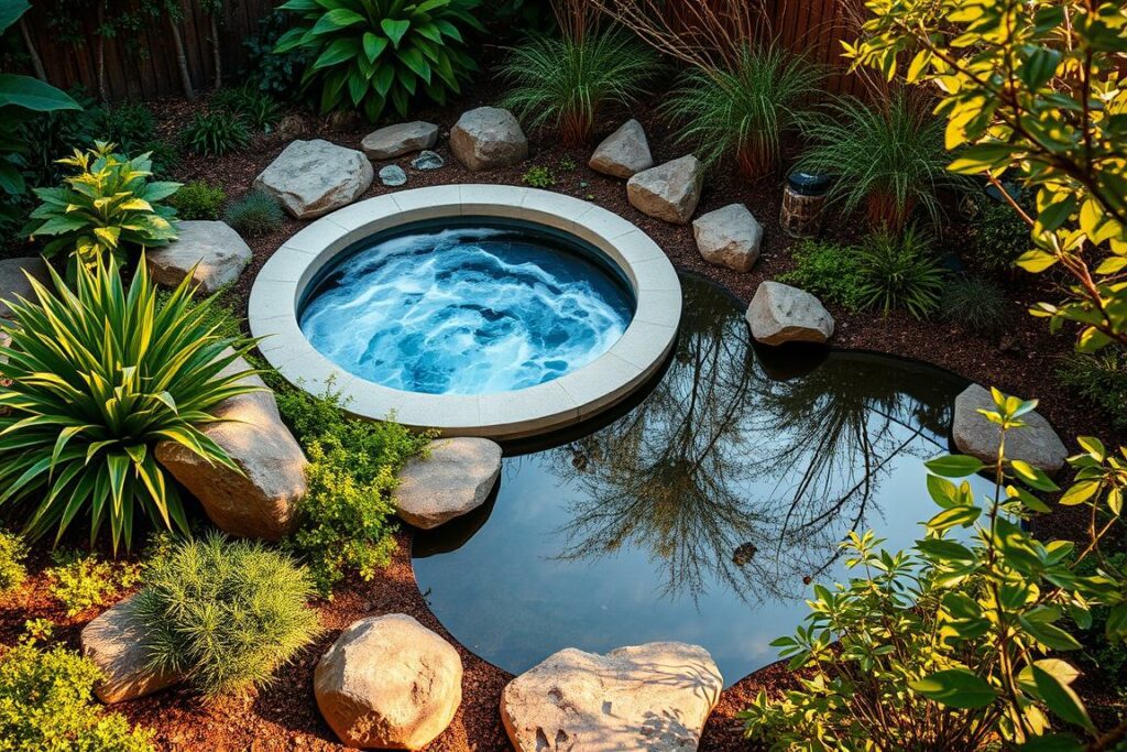 A lush, meticulously designed outdoor setting featuring a soothing whirlpool nestled amidst a harmonious landscape. The whirlpool is the focal point, its swirling waters reflected in the surrounding greenery and complemented by strategically placed rocks, plants, and lighting. The overall composition creates a serene, zen-like atmosphere, inviting relaxation and tranquility. Warm, natural lighting casts a gentle glow, highlighting the textures and colors of the foliage and the whirlpool's bubbling surface. The scene is captured from a slightly elevated angle, providing a panoramic view that showcases the cohesive design and invites the viewer to imagine themselves immersed in this peaceful oasis.