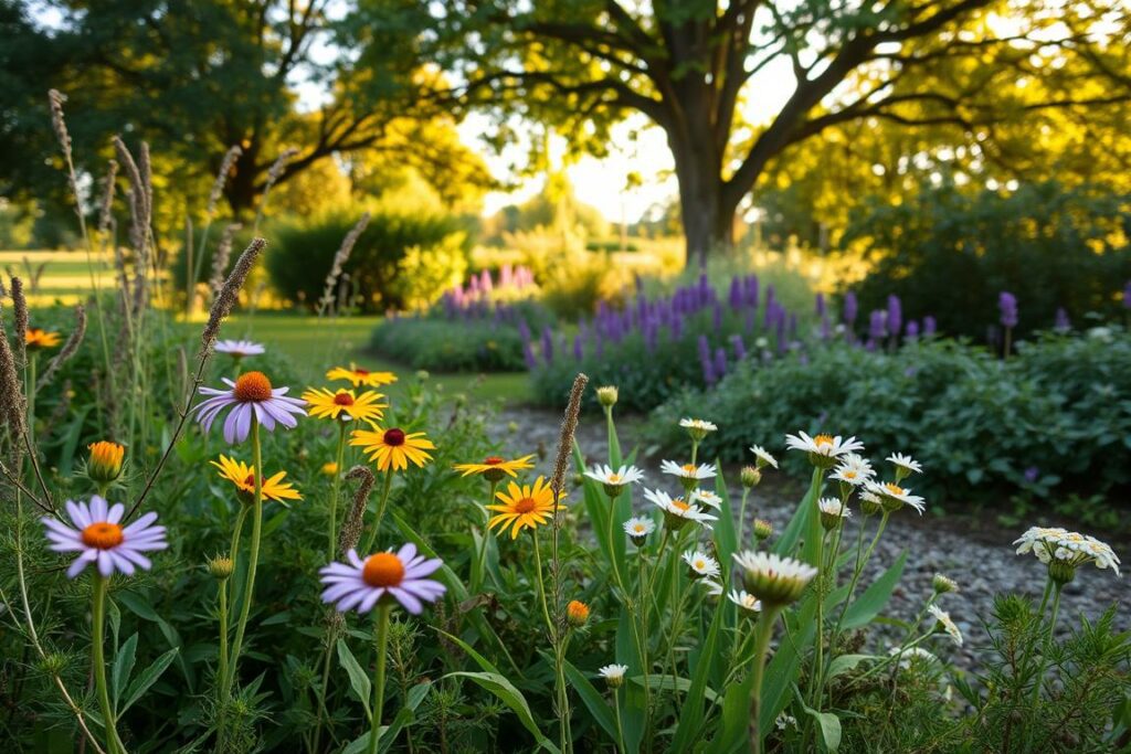 A lush, natural garden landscape featuring a diverse array of indigenous plants. In the foreground, vibrant wildflowers in shades of purple, yellow, and white sway gently in a soft breeze. The middle ground showcases a variety of native shrubs and bushes, their foliage casting dappled shadows on the ground. In the background, a canopy of mature deciduous trees filters warm, golden sunlight, creating a serene, tranquil atmosphere. The scene is photographed from a low angle, emphasizing the abundant, thriving flora and the harmony of the sustainable garden ecosystem.
