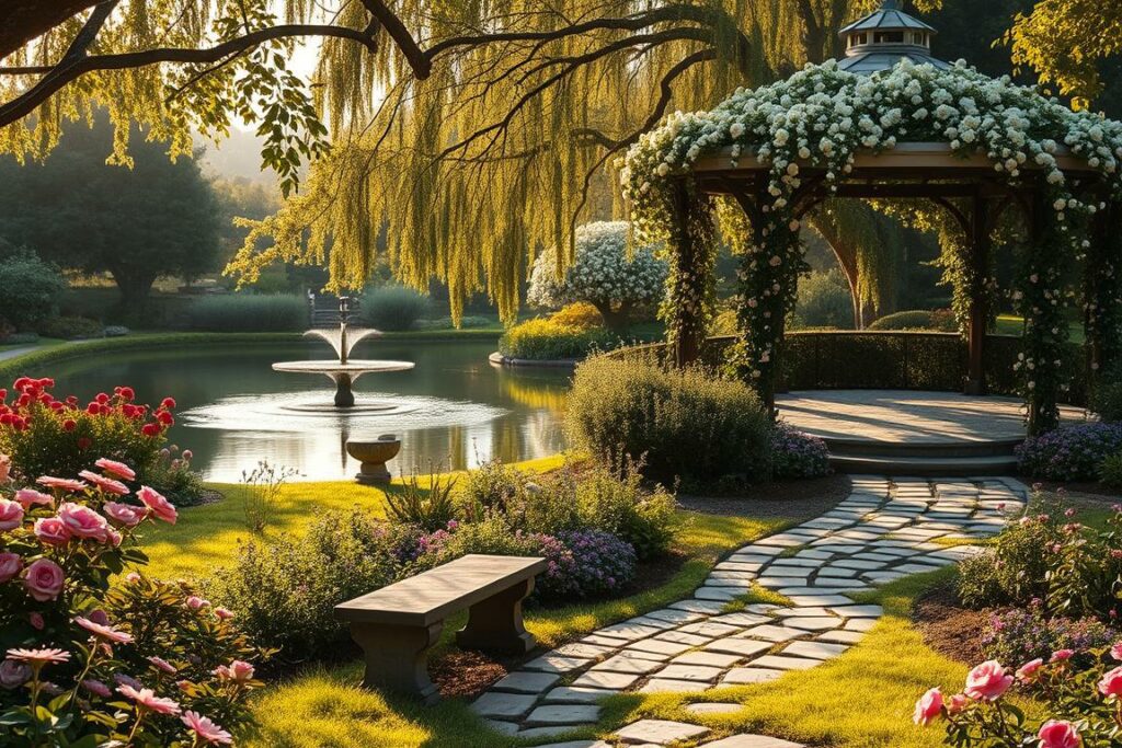 A lush, romantic garden scene with a meandering stone path winding through a verdant landscape. In the foreground, a quaint stone bench is nestled amidst a vibrant array of flowering plants, their petals gently swaying in a soft breeze. In the middle ground, a serene pond reflects the dappled sunlight filtering through the canopy of overhanging trees, their branches laden with delicate blooms. In the distance, a charming gazebo adorned with cascading vines and twining roses stands as the focal point, inviting the viewer to step into this enchanting oasis. The lighting is warm and golden, casting a dreamlike glow over the entire scene, evoking a sense of timeless tranquility and enchantment.