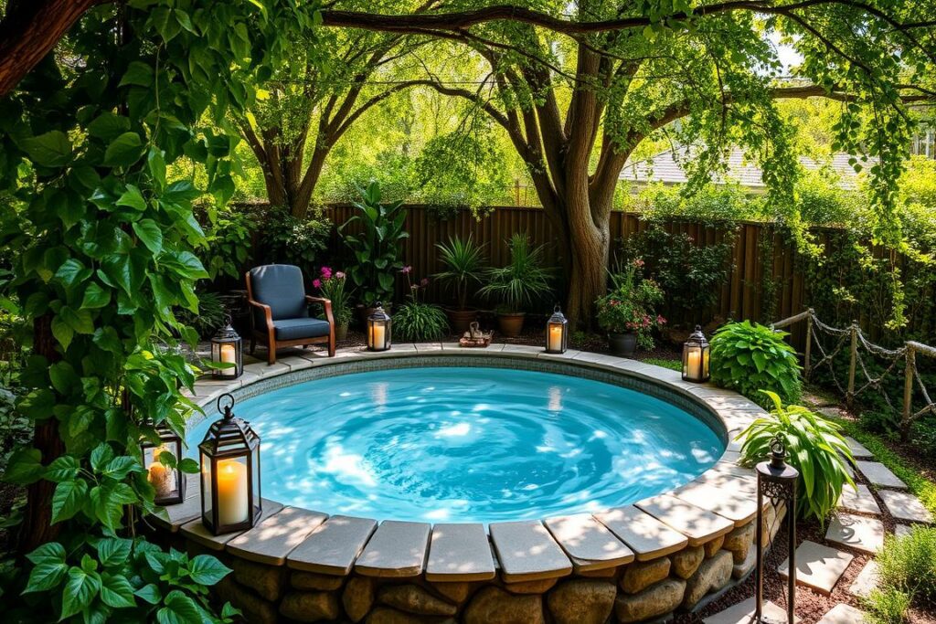 A lush, verdant garden oasis surrounds a tranquil whirlpool nestled amidst vibrant foliage. Cascading vines drape gracefully over the pool's edge, creating a serene, natural ambiance. Strategically placed lanterns and candles cast a warm, intimate glow, while delicate floral arrangements adorn the poolside. The whirlpool's swirling waters are framed by a decorative stone border, blending seamlessly with the earthy, rustic elements. Dappled sunlight filters through the canopy of trees, lending a soft, dreamlike quality to the scene. This enchanting whirlpool retreat invites relaxation and a sense of escape, a tranquil oasis for the senses.