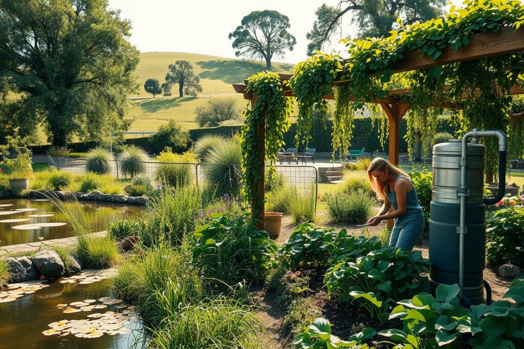A lush, verdant garden with a serene pond and a rain barrel system capturing and reusing rainwater. In the foreground, a woman in casual attire tends to her flourishing vegetable patch, surrounded by a variety of native plants and flowers. The middle ground features a wooden pergola draped in cascading vines, casting soft, dappled light across the scene. In the background, a gently sloping hill is dotted with mature trees, their leaves rustling in a light breeze. The overall atmosphere is one of tranquility and environmental harmony, showcasing sustainable water management practices in an eco-friendly garden setting.