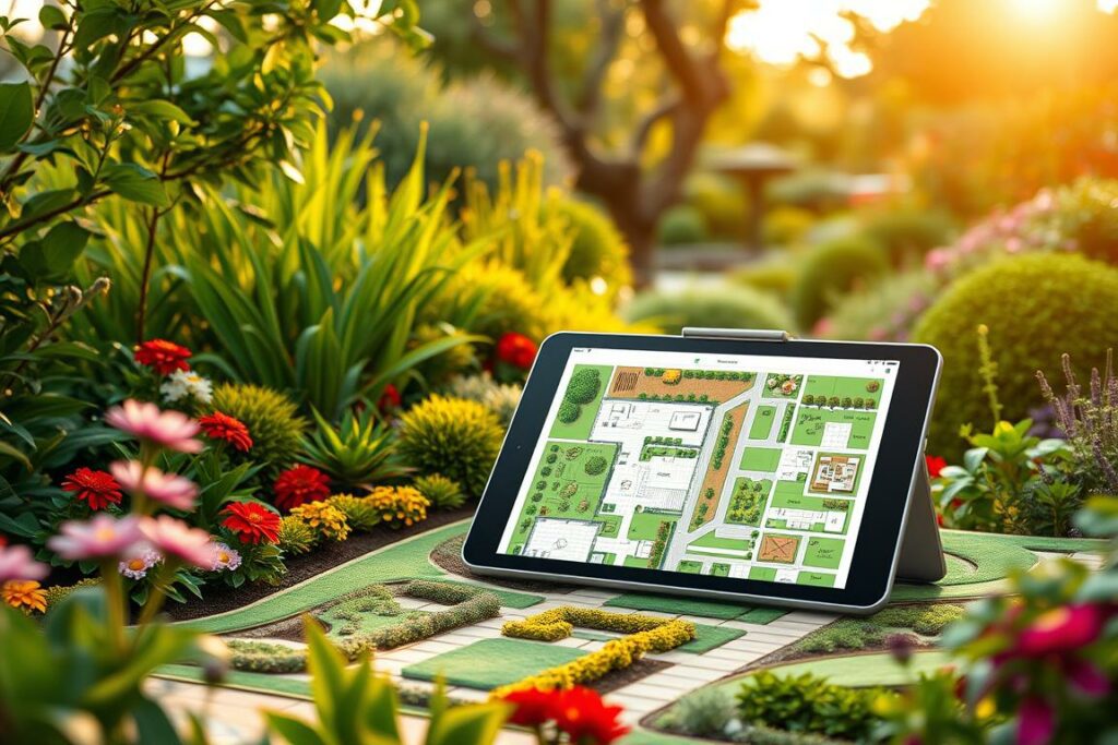 A lush, verdant garden with a vibrant and diverse array of flora. In the foreground, a well-designed garden plan unfurls, showcasing a harmonious layout of pathways, flower beds, and meticulously planned landscaping. The middle ground features a digital tablet or smartphone, its screen displaying a user-friendly garden design app, allowing the user to visualize and manipulate the garden layout with ease. The background is framed by a warm, golden-hour lighting, creating a serene and inviting atmosphere, hinting at the tranquility and joy of bringing this digital garden plan to life. The overall scene conveys the seamless integration of technology and nature, empowering the user to cultivate their own green oasis with the support of a versatile and intuitive garden design app.