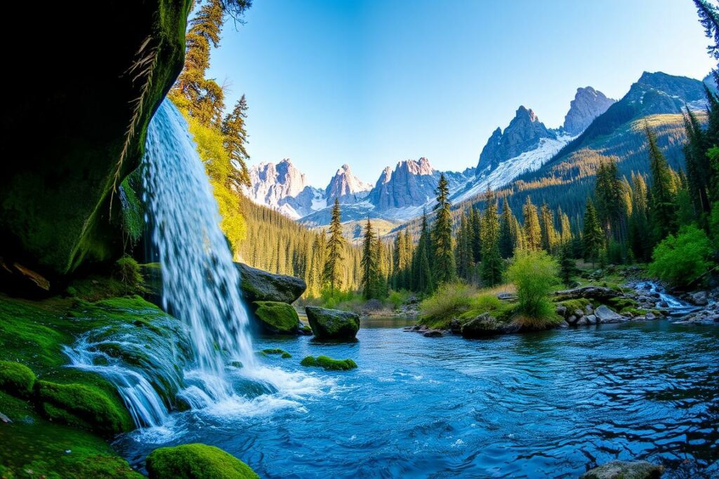 A lush, verdant landscape of the Naturwunder NRW, captured through the lens of a wide-angle camera. In the foreground, a cascading waterfall spills over mossy rocks, its crystal-clear waters shimmering in the soft, diffused lighting. The middle ground features a tranquil, forest-lined lake, its surface mirroring the towering, ancient trees that line its banks. In the background, rugged, snow-capped peaks rise majestically, their jagged silhouettes cutting against a clear, azure sky. The scene exudes a sense of serene, untamed beauty, inviting the viewer to immerse themselves in the natural wonders of North Rhine-Westphalia.