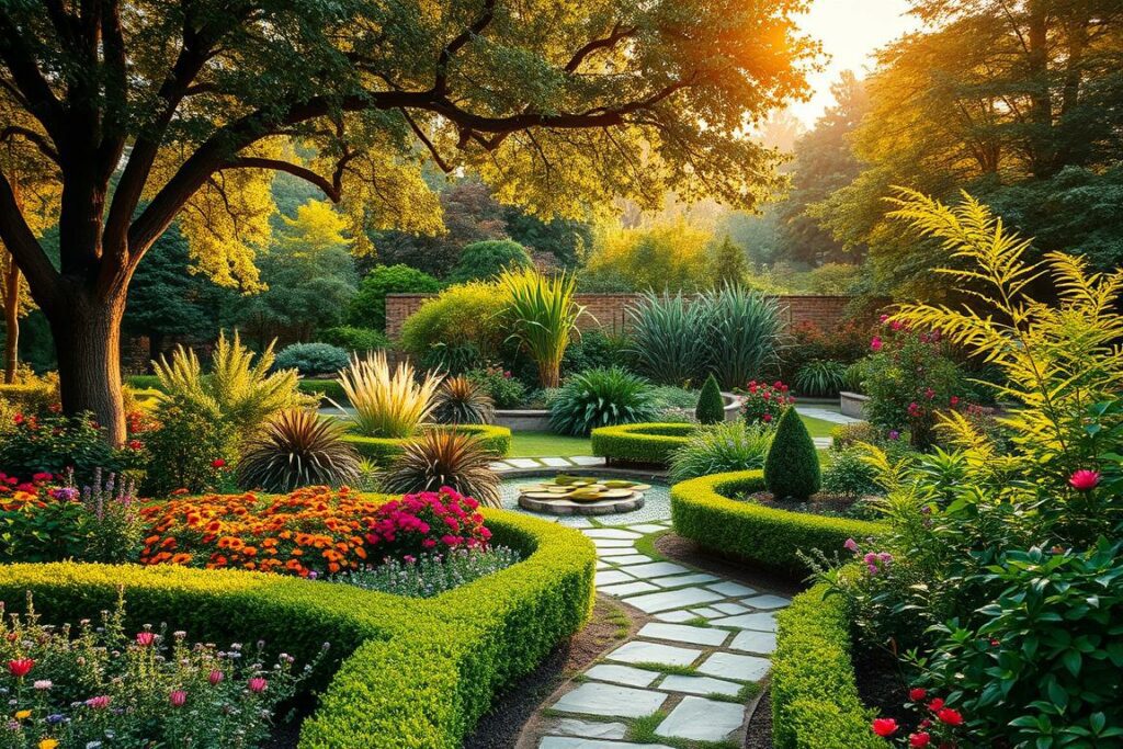 A lush, vibrant garden filled with a diverse array of thriving plants and flowers. Sunlight gently filters through the canopy of mature trees, casting warm, golden hues across the scene. In the foreground, neatly trimmed hedges and colorful flower beds create a visually striking composition. A meandering stone pathway winds through the space, inviting the viewer to explore. The middle ground features a tranquil pond or water feature, surrounded by ornamental grasses and blooming water lilies. Tall, architectural plants such as bamboo or ornamental grasses add depth and texture to the background. The overall atmosphere is one of serene, natural beauty, inspiring ideas for crafting an idyllic, personalized garden retreat.