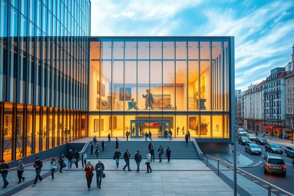A magnificent, grand art museum nestled in the heart of North Rhine-Westphalia, Germany. The facade features striking modernist architecture, with clean lines and towering glass panels that reflect the surrounding cityscape. Visitors approach the entrance, drawn by the museum's awe-inspiring presence, eager to discover the artistic treasures within. The interior is bathed in warm, natural lighting, guiding guests through expansive galleries showcasing a diverse collection of contemporary art. Sleek, minimalist design elements complement the impressive artworks, creating a harmonious and immersive cultural experience. In the background, the bustling streets of the city provide a dynamic contrast, underscoring the museum's role as a vibrant hub of artistic expression and exploration.
