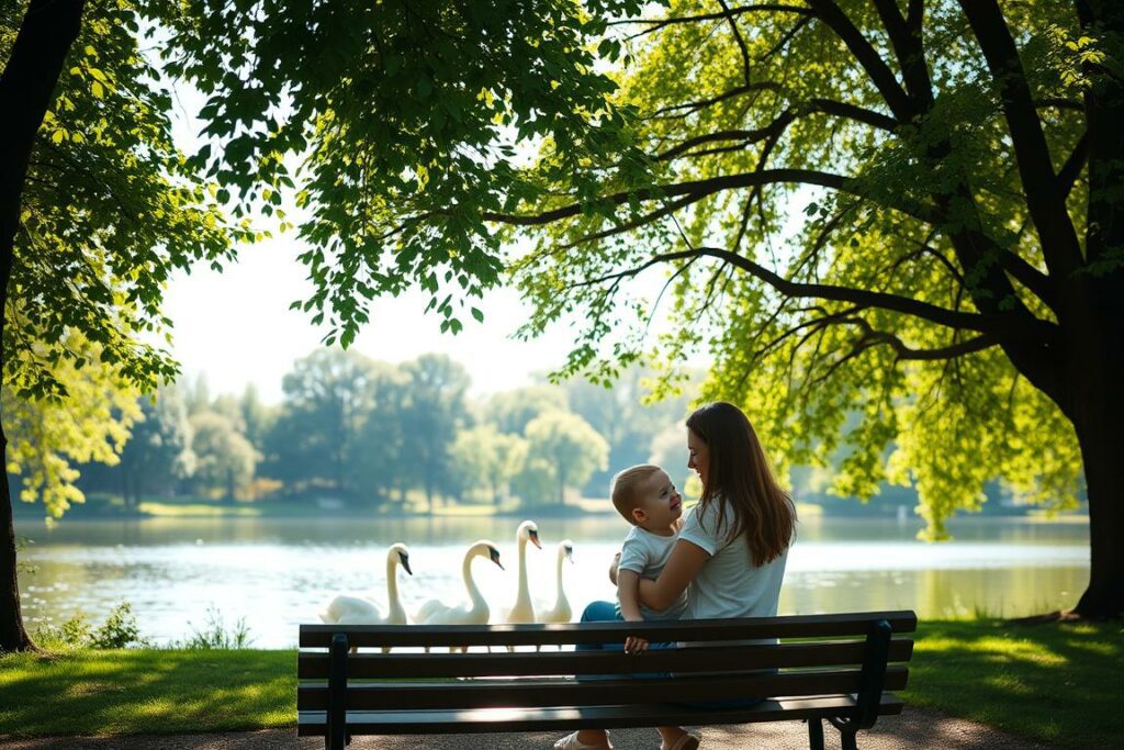 A majestic, sun-dappled scene depicting a serene park bench under a canopy of lush, verdant trees. In the foreground, a mother and her young child sit together, gazing lovingly at each other, conveying a sense of warmth, comfort, and security. The background features a tranquil pond with a family of swans gliding across the surface, reflecting the calming atmosphere. The lighting is soft and diffuse, creating a dreamlike, contemplative mood. The overall composition evokes a feeling of nurturing, support, and the importance of caring for mothers and their children.