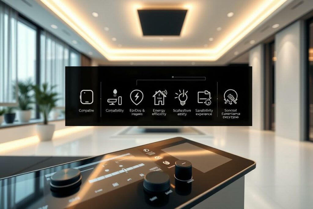 A meticulously composed image showcasing the key criteria for comparing home automation systems. The foreground features a sleek, modern control panel with intuitive touch interfaces, toggles, and status indicators. In the middle ground, a series of icons and infographic elements illustrate the essential criteria such as compatibility, energy efficiency, scalability, and user experience. The background depicts a minimalist, high-tech interior with clean lines, subtle lighting, and a sense of technological sophistication. The overall tone is one of precision, functionality, and the seamless integration of technology into the domestic environment.