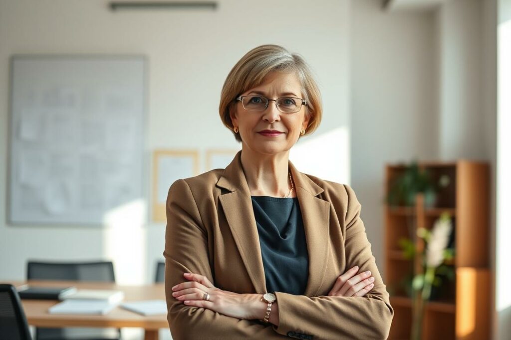 A middle-aged German woman stands confidently, her expression reflecting a sense of empowerment and entitlement. She is dressed in formal attire, symbolizing her status and legal claim. The background is a clean, minimalist office setting, with subtle hints of bureaucratic paperwork and a modern, institutional feel. Warm, natural lighting illuminates the scene, casting a soft glow and emphasizing the woman's confident posture. The overall atmosphere conveys a balanced mixture of determination and professionalism, alluding to the subject's legal rights and the administrative process involved in claiming the Mütterrente (Mother's Pension) for three children.