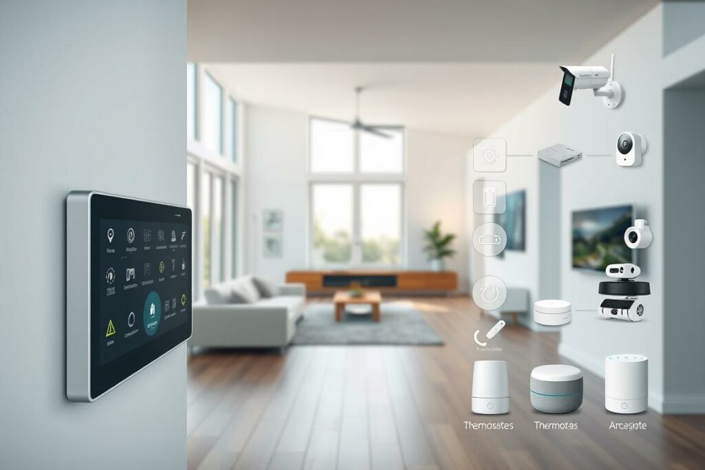 A modern, minimalist home interior with a focus on smart home automation systems. The foreground features a sleek, wall-mounted control panel with intuitive touch interfaces, displaying various home automation functions. In the middle ground, a clean, uncluttered living room with large windows, allowing natural light to flood the space. The background showcases a range of integrated smart home devices, such as lighting, security cameras, thermostats, and voice assistants, all seamlessly blending into the home's decor. The overall scene conveys a sense of technological sophistication and effortless home management, reflecting the capabilities of advanced Hausautomations-Systeme.
