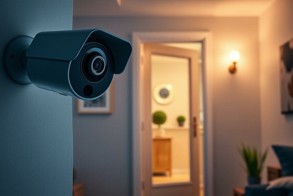 A modern smart home interior with various security solutions. In the foreground, a sleek home security camera with advanced motion detection and night vision capabilities, seamlessly integrated into the room's decor. In the middle ground, a keypad-controlled smart lock on the front door, allowing secure access and remote monitoring. In the background, smart lighting fixtures dimly illuminate the space, providing a cozy and comforting atmosphere. The overall scene conveys a sense of safety, convenience, and technological sophistication, perfectly suited to illustrate the "Sicherheitslösungen für dein Zuhause" section of the article.
