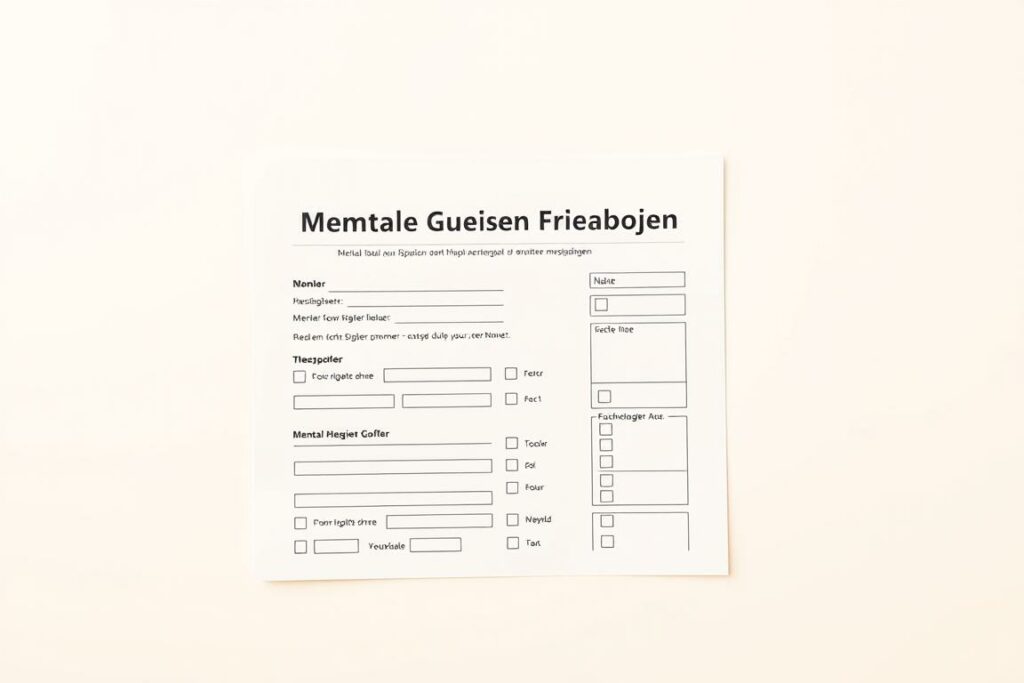 A neatly organized questionnaire form set against a clean, neutral background, with a calm, professional aesthetic. The form prominently displays the title "Mentale Gesundheit Fragebogen" in a clear, legible font. The layout features various input fields, checkboxes, and sections for the user to provide responses, reflecting the structure and functionality of a mental health assessment tool. Soft, indirect lighting casts a warm, reassuring glow, conveying a sense of care and attention to detail. The overall composition exudes an air of simplicity, inviting the viewer to engage with the assessment process in a thoughtful and considered manner.