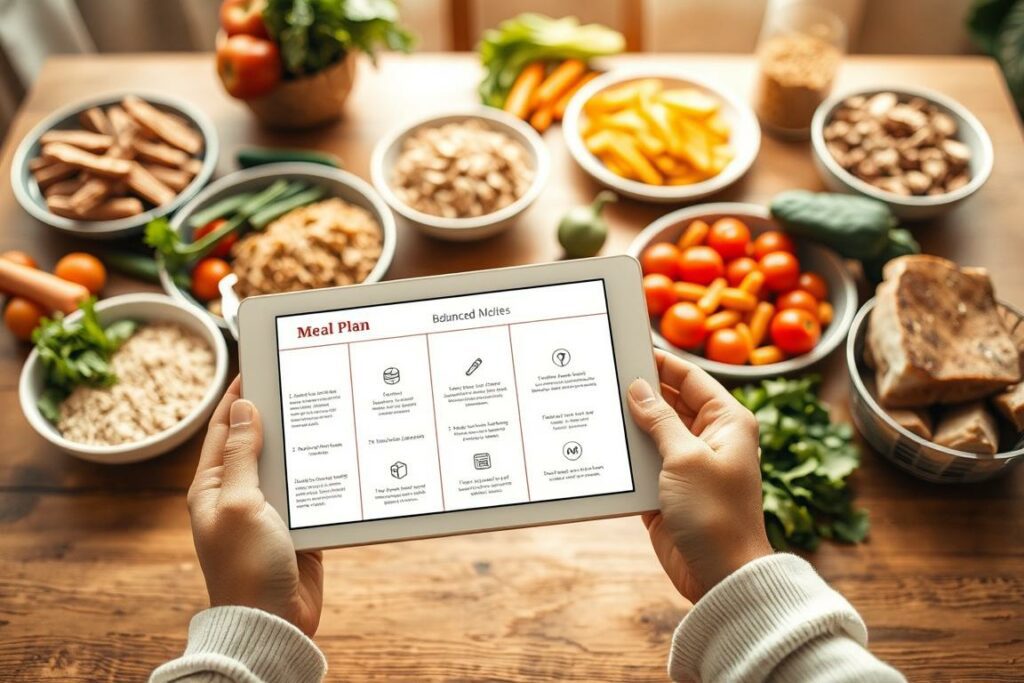 A nutritious meal plan laid out on a wooden table, with fresh vegetables, whole grains, and lean protein sources arranged in an organized, visually appealing manner. The lighting is warm and natural, creating a cozy, inviting atmosphere. In the foreground, a pair of hands holds a tablet or notebook, with notes and diagrams detailing the steps of a balanced diet. The middle ground features a clean, minimalist design, with simple icons or infographics highlighting key principles of healthy eating. The background blurs gently, allowing the focus to remain on the foreground elements and the meal plan itself, conveying a sense of simplicity and attainability.