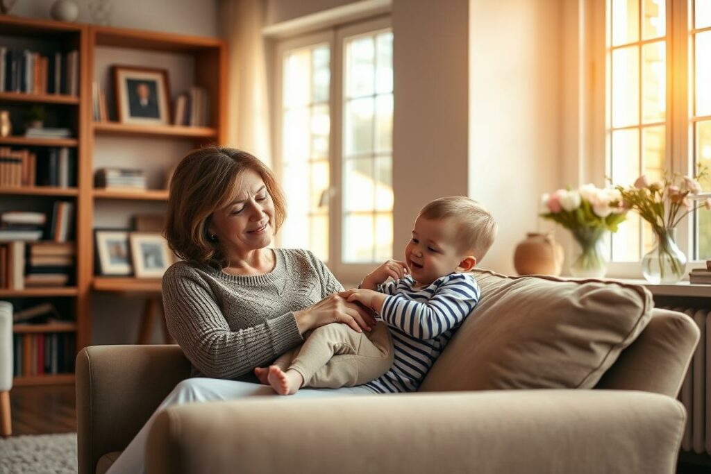 A peaceful domestic scene set in a cozy living room. In the foreground, a loving mother sits comfortably on a plush armchair, her gaze soft and nurturing as she cradles a young child in her arms. Warm, diffused lighting filters through large windows, casting a serene glow across the space. The background features bookshelves lined with volumes, a framed family portrait, and a vase of fresh flowers, all conveying a sense of security and stability. The overall mood is one of comfort, contentment, and the importance of providing for one's family, especially when it comes to ensuring financial security in the form of a robust pension plan.