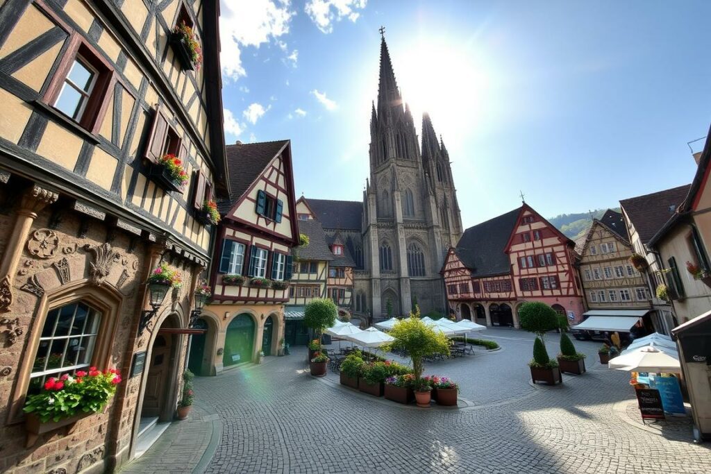 A picturesque medieval town nestled in the rolling hills of North Rhine-Westphalia, Germany. Cobblestone streets wind past half-timbered houses, their facades adorned with intricate carvings and colorful shutters. In the central market square, a magnificent Gothic cathedral stands tall, its spires reaching up to the bright, sun-dappled sky. Flower-filled window boxes and quaint cafes add to the charming, historic ambiance. A wide-angle lens captures the scene, showcasing the harmonious blend of architectural styles that typifies the historic towns of this region.
